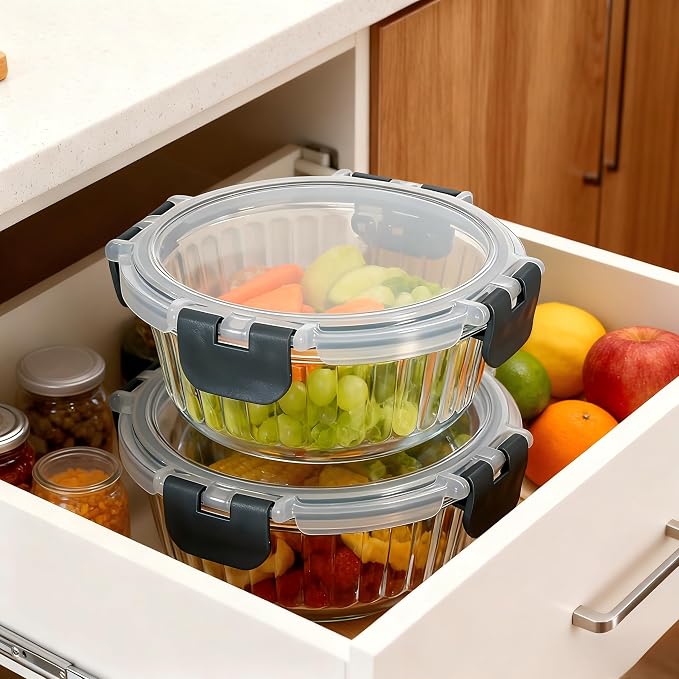 Glass Fluted Ombre grey Leak-Proof 6-Piece Set Food Storage Containers, Food Containers with Lids, Meal Prep Containers. (Round)