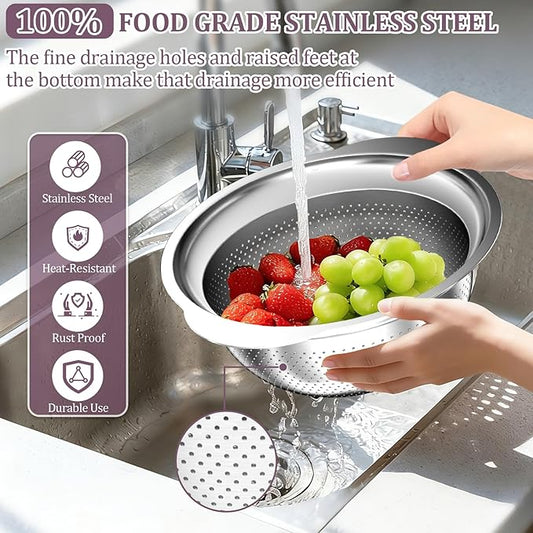 Stainless Steel Colander - 3QT Medium Capacity Strainer with Handle, Kitchen Food Strainer Basket for Washing Vegetables, Fruits, Rice, and Pasta, Kitchen Present for Women