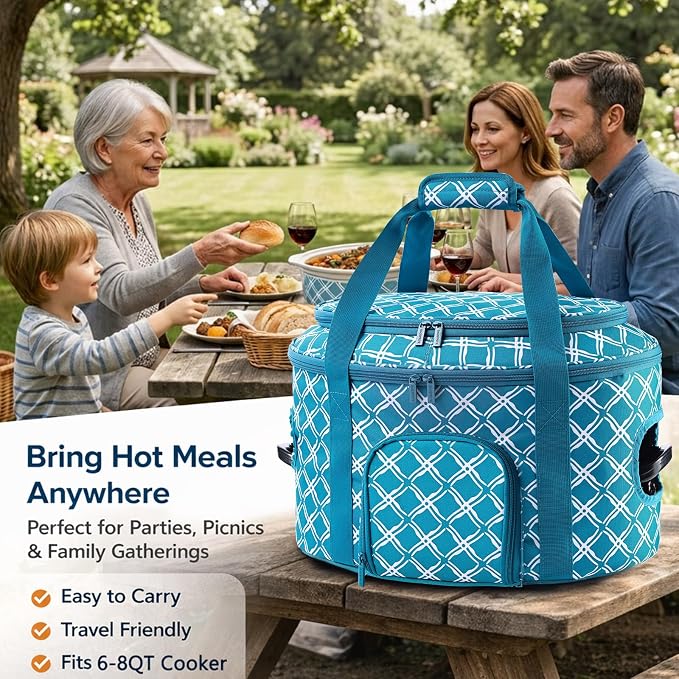 BAGSPRITE Double-layer Slow Cooker Carrying Case for Crock Pot 6-8 Quart, Insulated Crockpot Carrier with Adjustable Lid Straps,Portable Slow Cooker Travel Bag for Potluck, Parties, Family Gatherings
