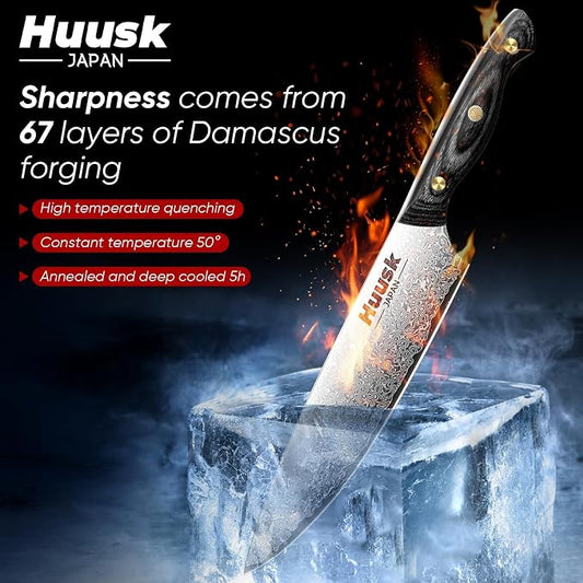 Huusk Damascus Chef Knife Set 3 PCS,VG10 Santoku Knives set,Damascus Kitchen Utility Knives set with Ebony Handle, Paring Knives Set for Meat Vegetable Fruit, Christmas Gift for Men and Women