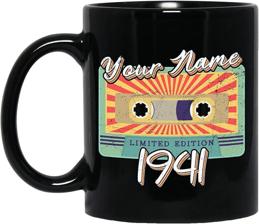 Personalized Vintage Cassette Tape Vintage 1941 Mug, Custom Your Name, 1941 Retro Coffee Mug, 81st Birthday Present Gifts, 1941 Birthday Gift For Friends Family, Customizable Black Tea Cups