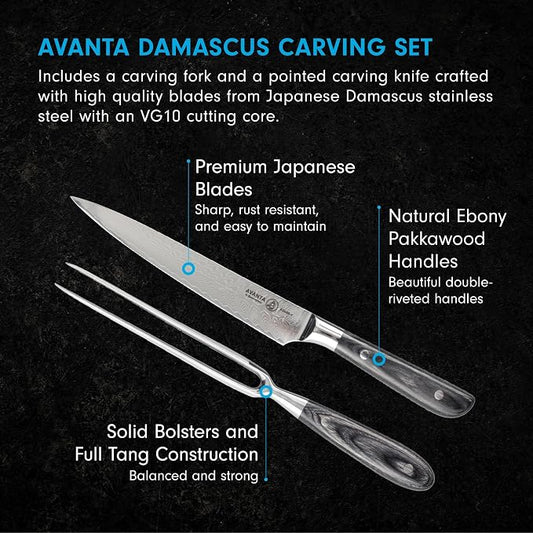 Messermeister Avanta Damascus Kullenschliff Carving Set - Includes 8” Carving & Slicing Knife + 7” Fork - Japanese Damascus Stainless Steel - Pakkawood Handle - Rust Resistant & Easy to Maintain
