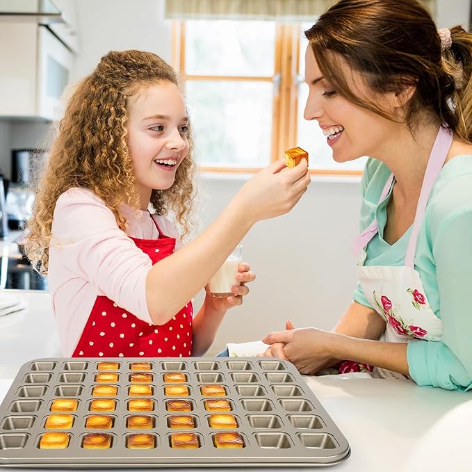 Beasea Nonstick Mini Muffin Pan with Divider, 1 Pack 48 Mini Small Tiny Cup All Edges Non Stick Square Cupcake Baking Sheet Tin Tray Carbon Steel Bakeware Individual Cutter Muffin Baking Pan - Gold