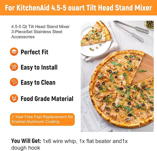 Stainless Steel Accessories for KitchenAid 4.5-5 Qt Tilt-Head Mixer, K45 Whisk, Flat Beater and Dough Hook for 5 Quart Mixing Bowl, Fits KSM45, KSM90, KSM150, Dishwasher Safe, Heavy Duty