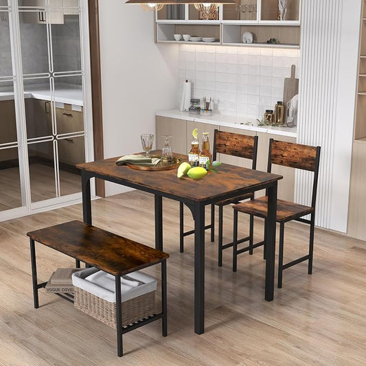 Giantex Dining Table Set for 4, Kitchen Table with Bench and Chairs, Industrial Gathering Bench Dining Set W/Metal Frame & Storage Rack, Dinette Set, Modern Functional Desk Set (Rustic Brown)