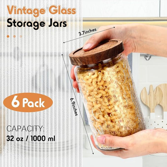 Domensi 6 Pcs Vintage Glass Jars 34 oz Glass Storage Jars with Lids Sunflower Pattern Airtight Storage Containers for Kitchen Counter Pantry Coffee Bean Grains Tea Sugar Flour Candy Oats