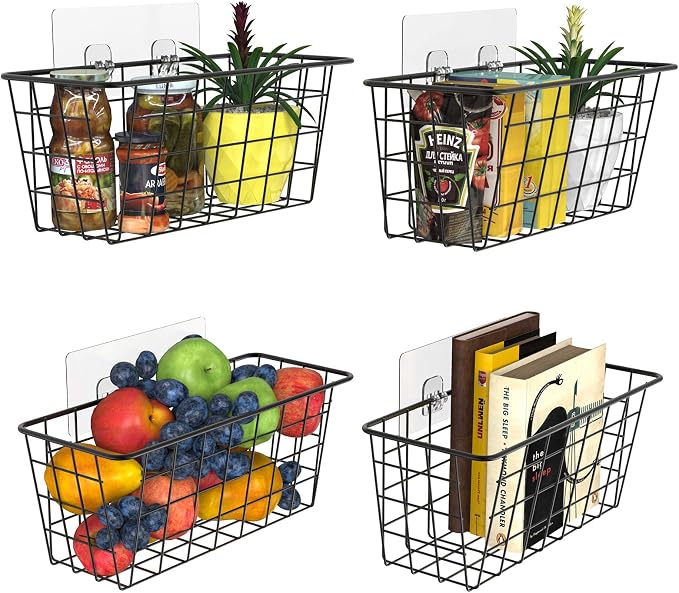 MaraFansie Over the Cabinet Door Organizer Wall Wire Baskets Hanging Kitchen Basket Shelf for Cabinet & Pantry Organization and Kitchen, Bathroom, Bedroom Storage, with Adhesive, 4 Pack