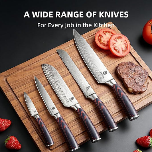 Kitchen Knife Set, Chef Knife, Utility Knife & Paring Knife for Precise Cutting, High Carbon Stainless Steel Professional Chef Knife Set with Wooden Handle, Ultra Sharp Blade (5-Piece)