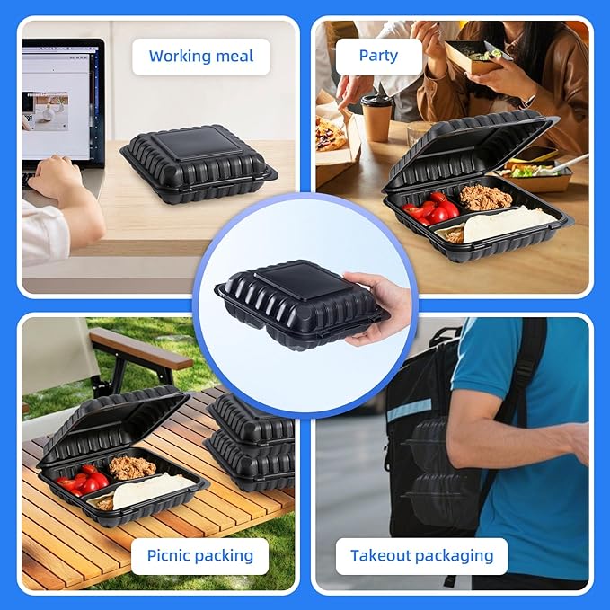YANGRUI 65-Pack 30oz Black Takeout Containers - Shrink Wrapped No Pre-Wash | 3-Compartment Heavy Duty Mineral Filled PP, Microwave & Freezer Safe | Leak-Resistant Clamshell for Leftovers & Meal Prep