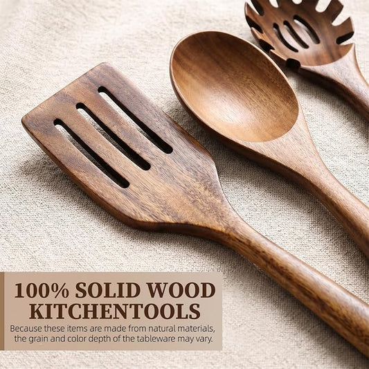 8 Pcs Wooden Kitchen Utensils Set, Natural Acacia Wood Utensils Set for Cooking, Durable Easy Clean Wooden Utensil Set with Acacia Wooden Spatulas and Spoons for Nonstick Cookware