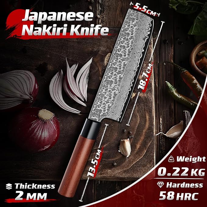Huusk Japanese Nakiri Knife 7-Inch - Hand Forged Meat Cleaver Vegetable Chopping Knife, VG10 Damascus Chef Knives with Rosewood Handle, Japanese Kitchen Knives for Cooking, Gifts for Men