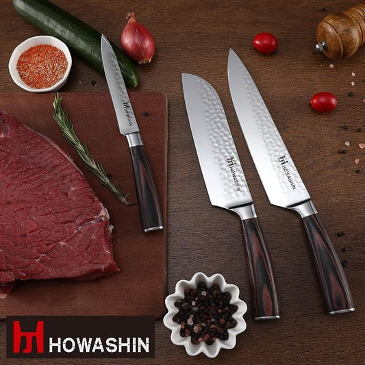 Kitchen Knife Set German Stainless Steel 3Pcs Knife Set High Carbon Chef Knife Ergonomic Colour Wood Handle With Finger Guard and Christmas Gift Box (Sliver)