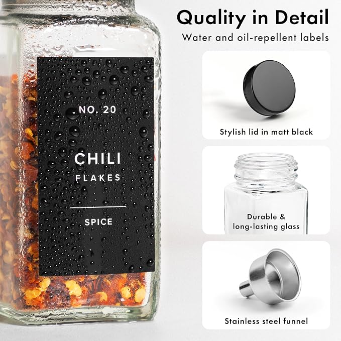 EDELHAUS Glass Spice Jars with Label and Black Lids (24 x 4oz) Spice Containers with 240 Labels, Shaker Inserts, Steel Funnel, Empty Square Seasoning Organizer for Spice Rack, Cabinet, Drawer