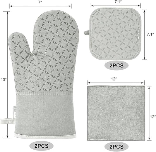 KEGOUU Oven Mitts and Pot Holders 6pcs Set, Kitchen Oven Glove High Heat Resistant 500 Degree Extra Long Oven Mitts and Potholder with Non-Slip Silicone Surface for Cooking (Greenish Gary)