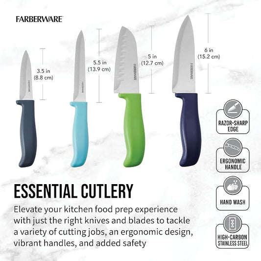 Farberware Chef Knife Set with Colorful Handles, Stainless Steel Blades with Blade Covers Included, Versatile Kitchen Knives, 4-Piece