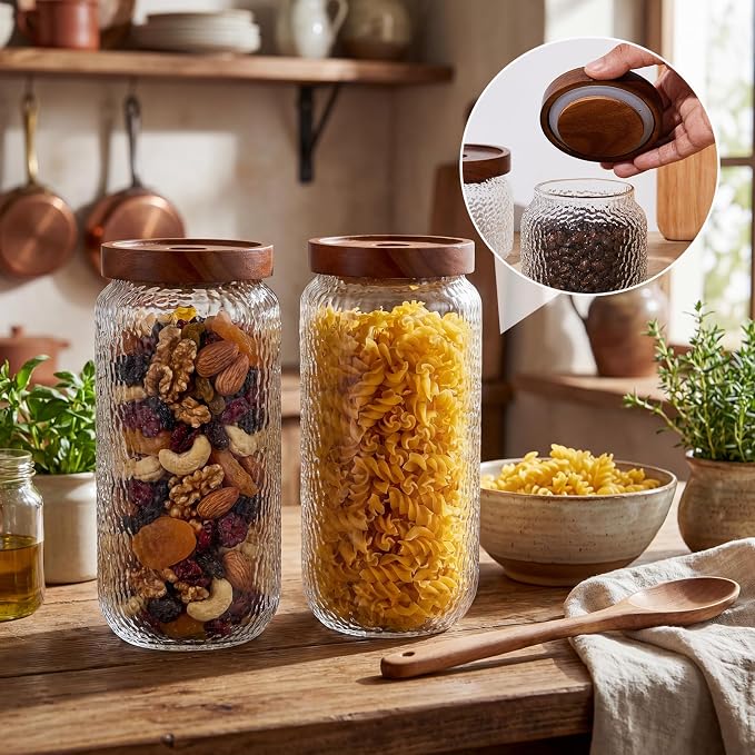 LemonRoad 4 Pack 33 oz Vintage Glass Jars with Lid Decorative Airtight Glass Food Containers Anti Slip Storage Canister for Kitchen Counter Pantry Coffee Nuts Sugar Candy Tea Cookie Spices Oats Cereal