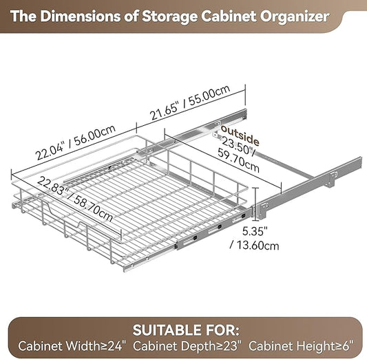 Pull Out Cabinet Organizer 24" W X 22" D, Slide Out Drawers For Kitchen Organizers and Storage, Pull Out Drawers For Cabinets Capacity Heavy Duty Caddy, Cabinet Shelves Chrome-Plated, Bathroom Pantry