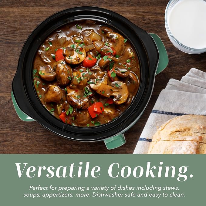 COOK WITH COLOR 2QT Mini Electric Round Slow Cooker - Adjustable Settings, Removable Stoneware Pot, Tempered Glass Lid, Dishwasher Safe, Cool-Touch Side Handles, Dark Sage