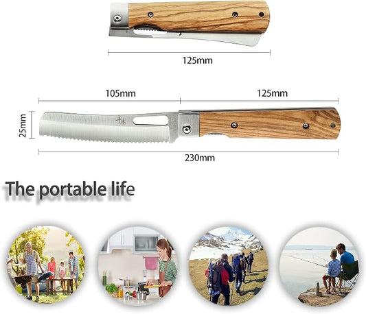 SENBON 440A stainless steel pocket folding Japanese Bread knife Natural Olive Handle Camping trip Outdoor Portable Serrated knife