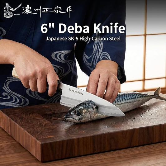 6 Inch Deba Knife, Made in Japan, Right-Handed Single Bevel SK-5 High Carbon Steel, Ultra Sharp 4.1mm Thick Fish Butcher Knife with Octagonal Handle for Fish & Poultry