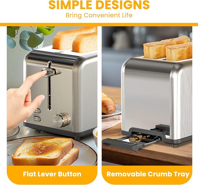 Simple Deluxe 2-Slice Toaster, 6 Browning Setting and 3 Function, Extra Wide Slot & Removable Crumb Tray, for Bread & Waffle, Silver