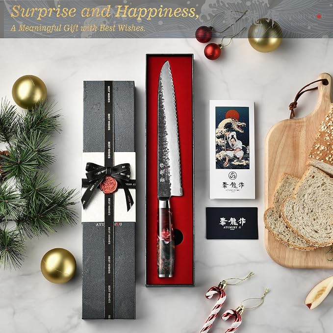 Japanese Bread Knife, 9 Inch Hand Forged VG10 Steel Serrated Sourdough Knife, Resharpenable Sharp Bread Cutting Knives, Low-Crumb Slicing for Sourdough, Homemade Bread & Bagels with Premium Gift Box