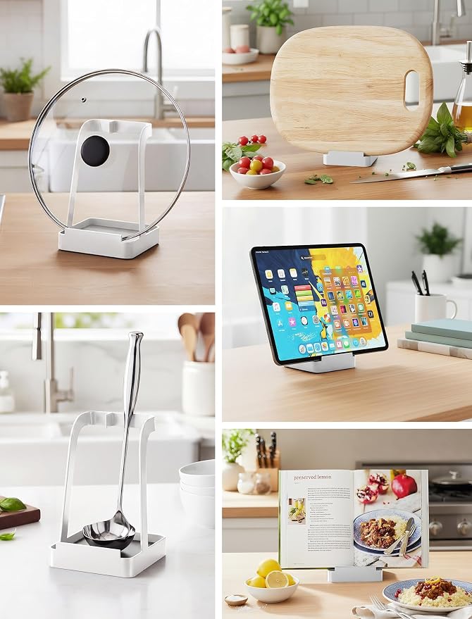 NiHome White Pot Lid Holder with Light Gray Diatomite Tray, Non-Slip Silicone Pad, Powder-Coated Iron Stand for Lids, Utensils & Cutting Boards, Compact 3.9" × 3.9" × 6" Kitchen Organizer (White)