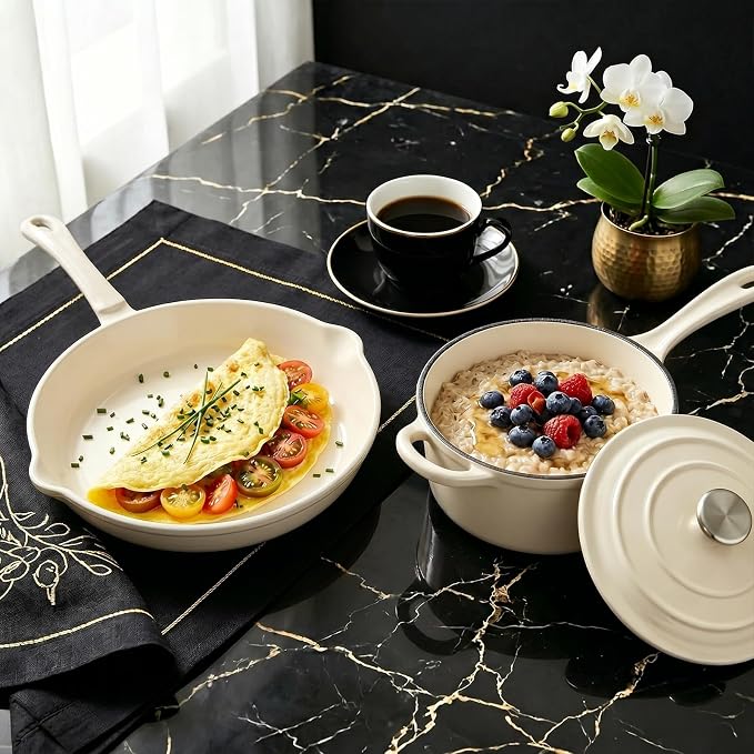 QuliMetal Enameled Cast Iron Cookware Set, 5-Piece Pots and Pans Set with Lids, Skillet, Frying Pan, Saucepan & Dutch Oven for All Stovetops, PFOA Free, Ideal for Sourdough Bread Baking