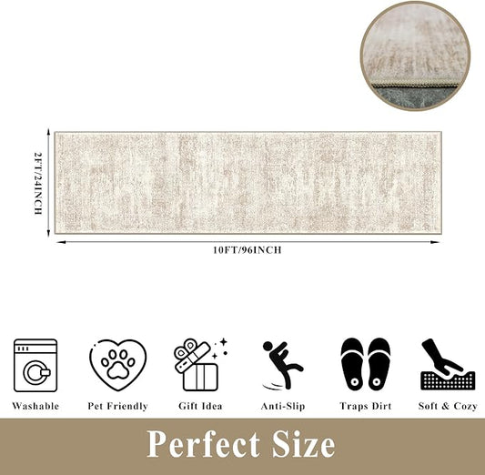 Runner Rug 2x10 Washable Non-Slip Hallway: Vintage Boho Carpet with Rubber Backing for Kitchen Entryway Hall Holiday Farmhouse Neutral Cream Long Runners (Cream/Beige,2'x10')