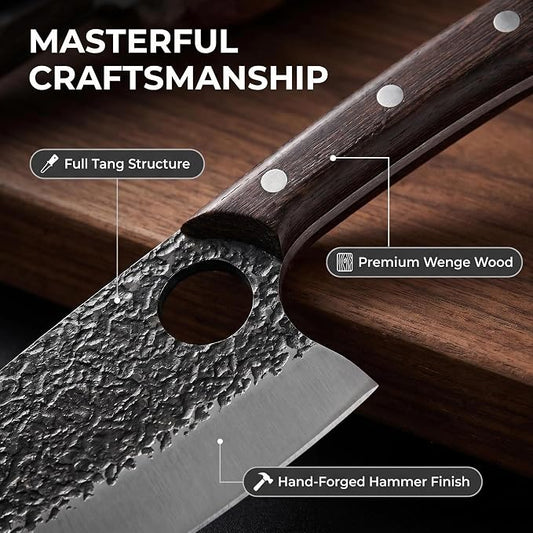 6PCS Hand Forged Kitchen Knife Set, High Carbon Steel Chef Knives with Wenge Wood Handle, Sharp Cleaver & Butcher Knives Set for Kitchen Cooking, Hammered Blade, Leather Sheaths Included