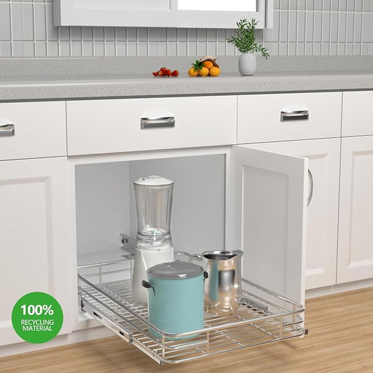 JOWBOOW Pull Out Cabinet Organizer (20.7" W x 21" D), Put Out Shelves for Kitchen Cabinets, Roll Out Drawers Heavy-Duty Metal Sliding Shelf, Bottom Mount
