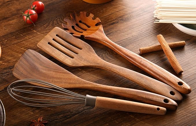 Wooden Spoons for Cooking, 10 Pcs Wooden Utensils for Cooking, NAYAHOSE Natural Teak Wood Spoons, Non-Stick Comfort Grip Kitchen Utensils Set
