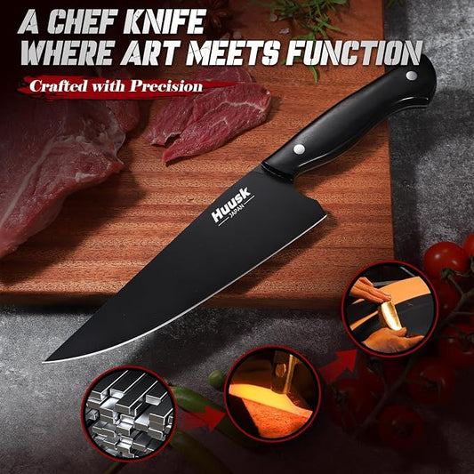 Huusk Japanese Chef Knife for Kitchen - 8in Stainless Kitchen Knife with Black Titanium Coating, All Purpose Cooking Knives for Vegetable & Meat Cutting, Ultra Sharp Gyuto Knives, Men's Gift