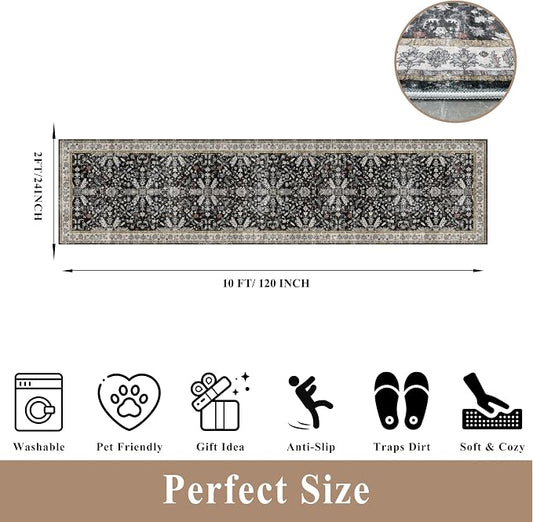2x10 Hallway Runner Rug Non Slip Washable – Boho Floral Long Floor Carpet Runner for Kitchen Entryway Bedroom Living Room, Soft Low-Pile Thin Area Rug (Black, 2x10)