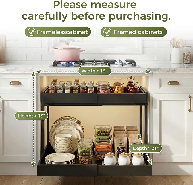 Abalter Expandable Pull Out Cabinet Organizer(12-18.5" W x 21" D), 2-Tier Slide Out Drawer for Kitchen Cabinets, Slide Out Shelves for Kitchen Countertop, Bathroom, Pantry, Heavy Duty Caddy(Black)