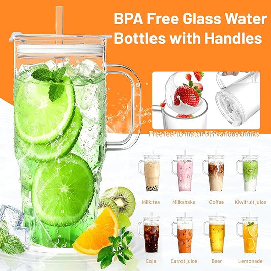 2Pack 40OZ Glass Tumbler with Handle,Glass Cup with Lid and Straw,Reusable Glass Iced Coffee Cup for Beer, Smoothies, Juice,Hot/Cold Drinks-Suitable for Birthday,Wedding