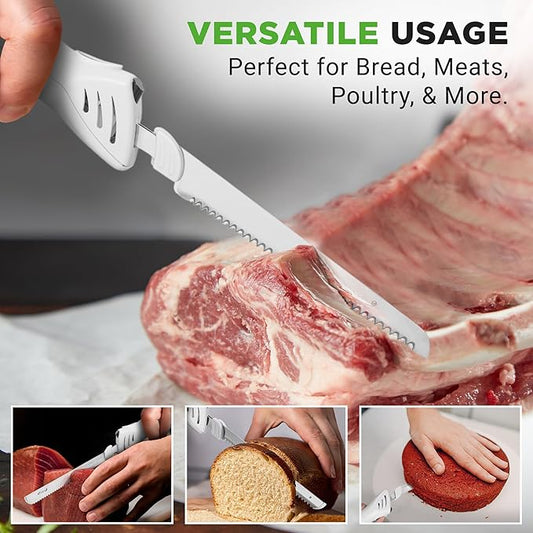 NutriChef Electric Carving Turkey Slicer Kitchen Knife | For Thanksgiving | Portable Electrical Food Cutter Knife Set with Carve Blades & Wood Stand | Cuts Meat, Bread, Cheese & Fruit | White