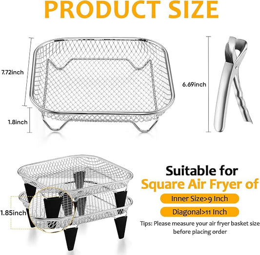 TeamFar Square Air Fryer Rack, 7.72" Stainless Steel Stackable Air Fryer Basket Accessories for Frying Roasting Baking, 3pcs Dehydrator Rack with Silicone Feet & Clip, Oven & Dishwasher Safe