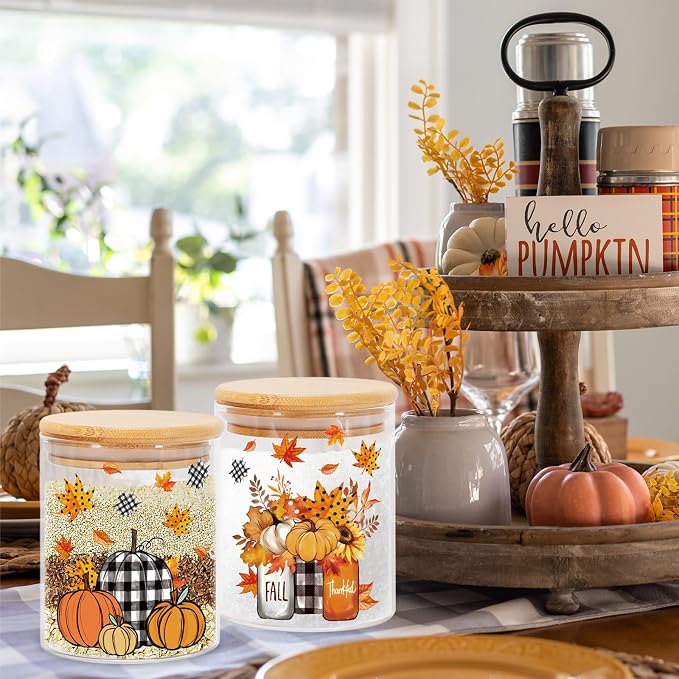 JarThenaAMCS 3Pcs Fall Glass Storage Jars with Airtight Lid Pumpkin Truck Leaves Clear Food Storage Canisters Sets for Autumn Thanksgiving Home Kitchen Countertop Decoration