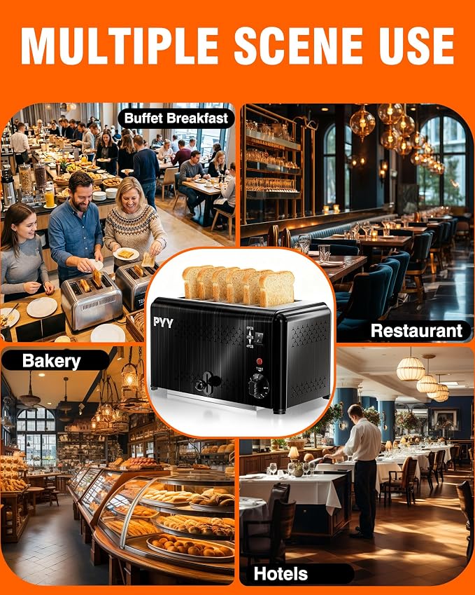 PYY Professional Commercial 6 Slice Toaster - 1800W Stainless Steel Heavy Duty Toaster, 6 Browning Levels, 1.1" Wide Slots, Removable Crumb Tray for Bagels Bread Waffles (Commercial & Home Use), Black