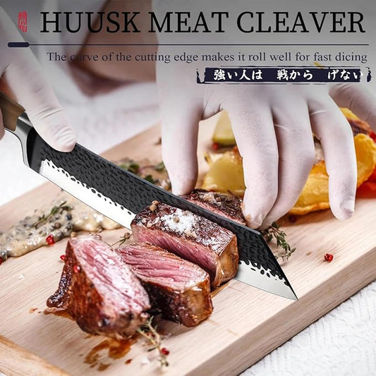 Huusk Butcher Knife 8.5 Inch Meat Cleaver Knife Japanese Vegetable Cleaver High Carbon Steel Meat Cutting Knife Hand Forged Knives for Home Kitchen BBQ with Present Box