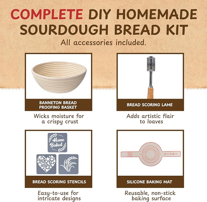 Complete Sourdough Bread Starter Kit, Glass Sourdough Starter Jar Kit & Tons of Sourdough Baking Supplies - Sourdough Starter Kit Includes Sourdough Jar, Banneton Bread Proofing Basket & More