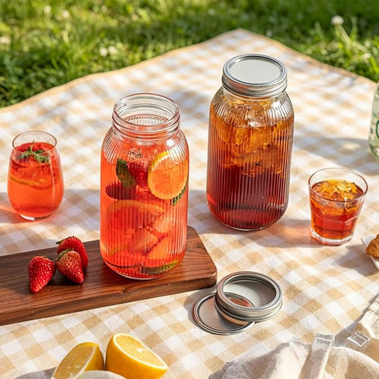 INSETLAN 64 oz Wide Mouth Glass Mason Jars, Set of 2, Ribbed Canning Jars for Sourdough Starter, Pickling, Fermentation, Sun Tea & Pantry Storage, Refrigerator Safe