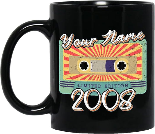 Personalized Vintage Cassette Tape Vintage 2008 Mug, Custom Your Name, 2008 Retro Coffee Mug, 14th Birthday Present Gifts, 2008 Birthday Gift For Friends Family, Customizable Black Tea Cups