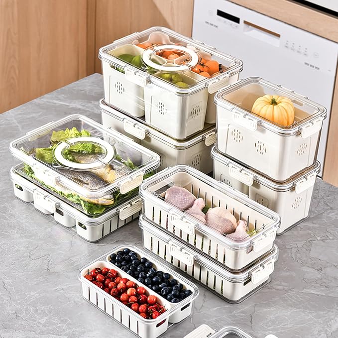 Fruit Storage Containers for Fridge with Lids, Handle and 2 Removable Colanders, Portable Refrigerator Fruit Organizer Bins, BPA-Free Fresh Produce Saver & Food Box for Food, Vegetable, Egg Storage