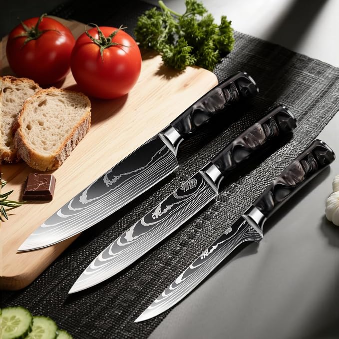8-Piece Premium Japanese Kitchen Knife Set - Star Collection, Laser Damascus Pattern, 440A Stainless Steel Ultra Sharp for Fast Cutting (Black 8J)