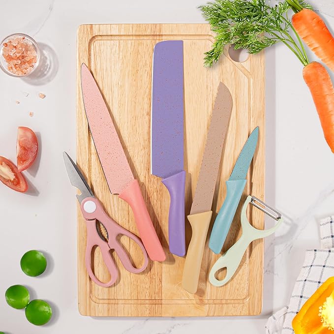 TJ POP Colorful Kitchen Knife Set 6 PCS, Colored Knives Set with Non-Stick Coating, Chef Boxed Knives Set for Cooking, Camping, Travel, Picnic, BBQ and RV