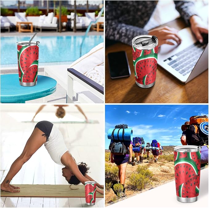 Tumbler Green Red Watermelon Insulated Office Coffee Cup Back to School Beverage Container Travel Mug with Straw and Lid Double Wall Stainless Steel 20oz