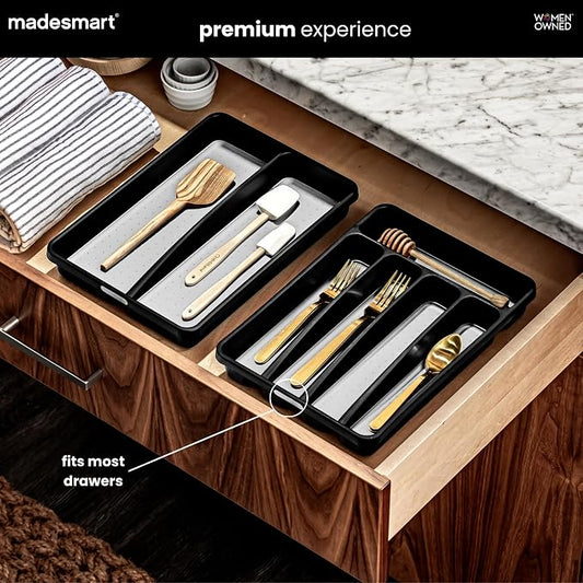 madesmart Classic Compact Silverware Tray with Soft Grip Lining, Carbon | Nonslip feet, 5 compartments, small drawer fit, forks, knives, spoons, cutlery, flatware