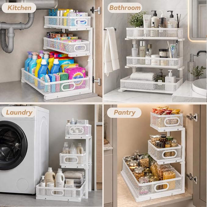 3-Tier Under Sink Organizer 2-Pack, Thickened Metal Pull out Cabinet Shelf, Height Adjustable Slide Out Drawer Storage Rack for Bathroom Kitchen Pantry Laundry Home Office Organization (White)